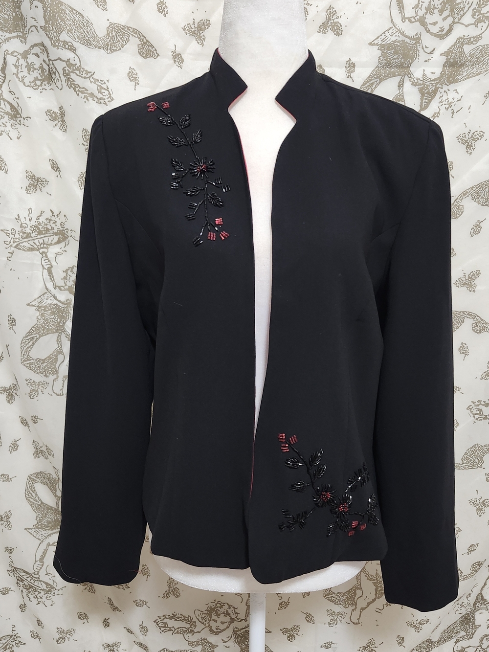 Vtg 90s Y2k Black Open Front Beaded Floral Lined Jacket Long Sleeve 10